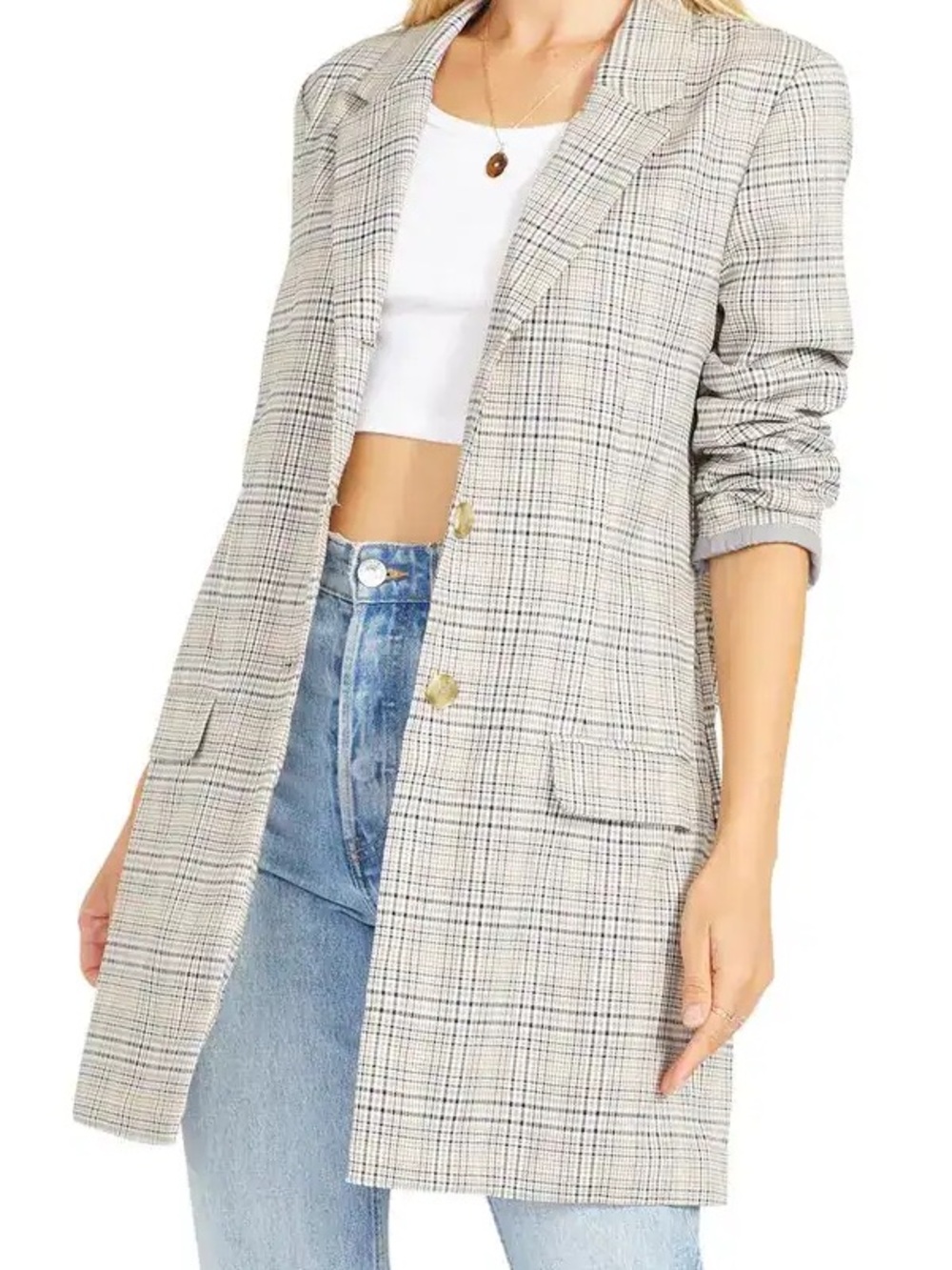 BB Dakota Cream Plaid Longline Blazer